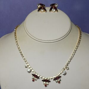 👍5 For 20Vintage Gold Tone Necklace& Clip On Earring Set Red& Clear Rhinestones